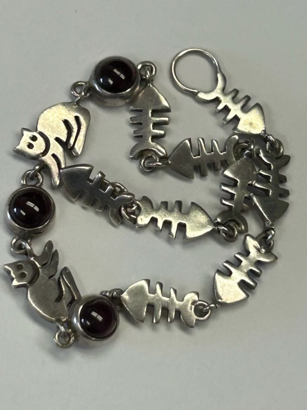 Vintage Fish bones cat garnet gemstone link bracelet sterling silver 925 - Picture 4 of 16